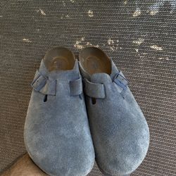 Birkenstock Boston clogs in Elemental Blue suede with soft footbed. 