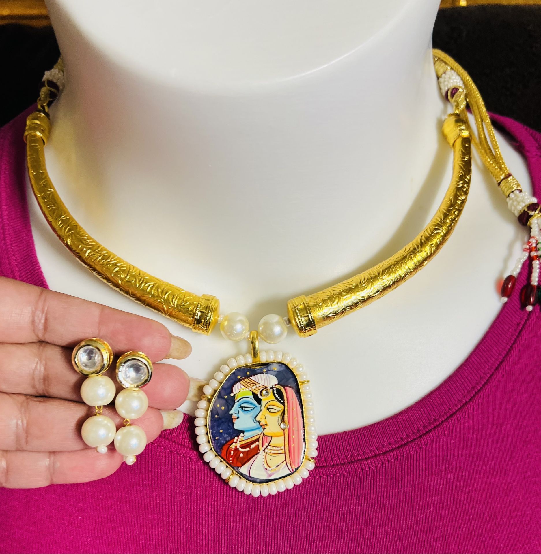 India Radha Krishna Hand Painted Stone Choker Necklace Golden Hansli Earrings