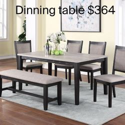 ✅️✅️6 bridget  ii two tone finish wood dining table set and bench ✅️