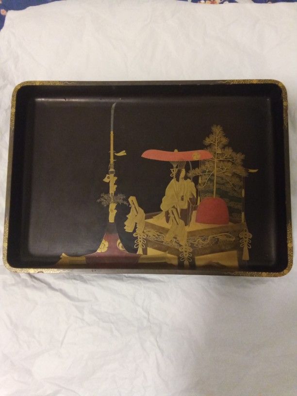 VINTAGE ZOHIKO KAMAKURA BORI JAPANESE SERVING TRAY KYOTO LACQUER ART GOLD LEAF HAND PAINTED PAINTING