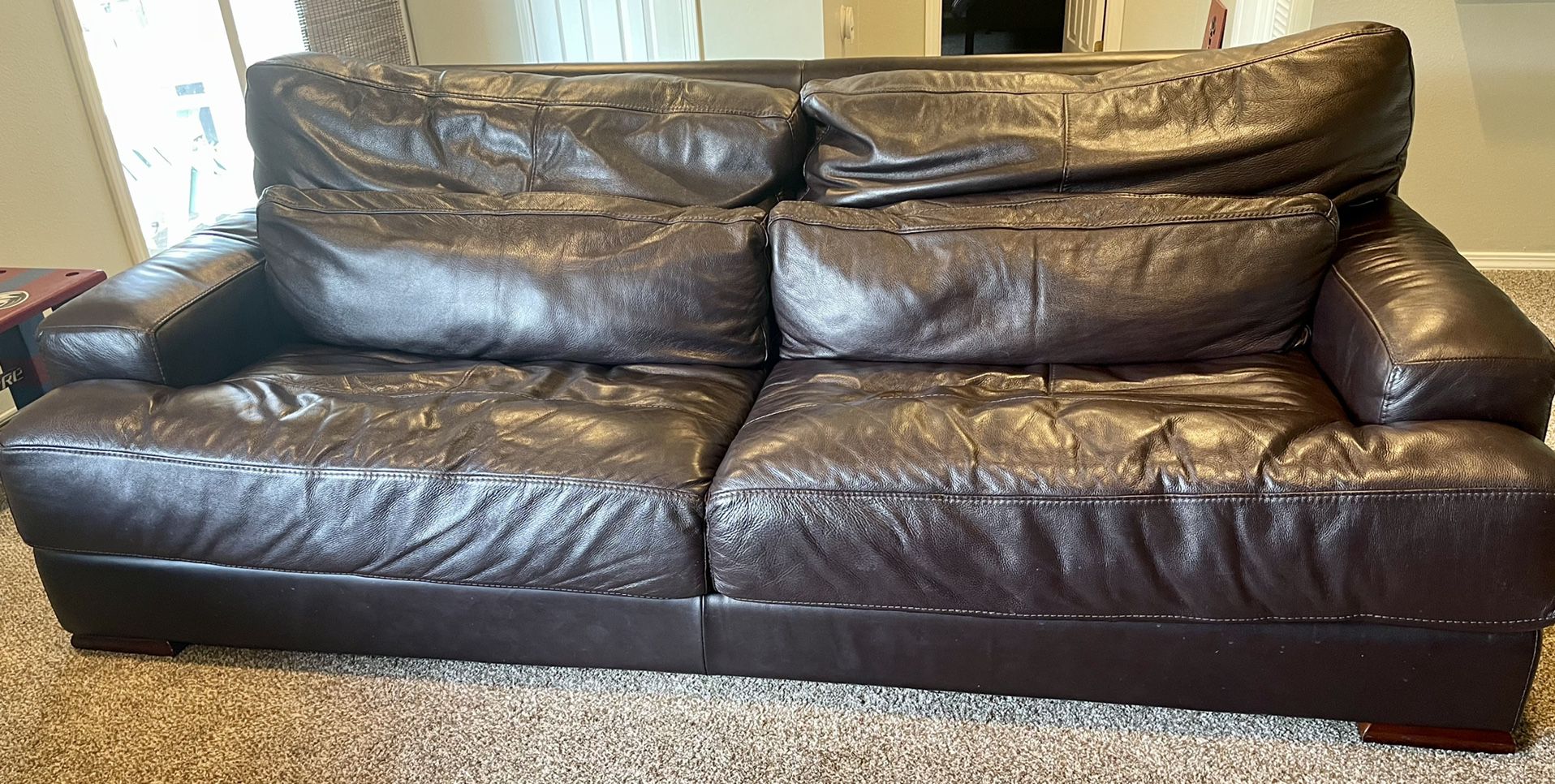 LEATHER COUCH + CHAIR/OTTOMAN+ END/COFFEE TABLE+ENTERTAINMENT CENTER