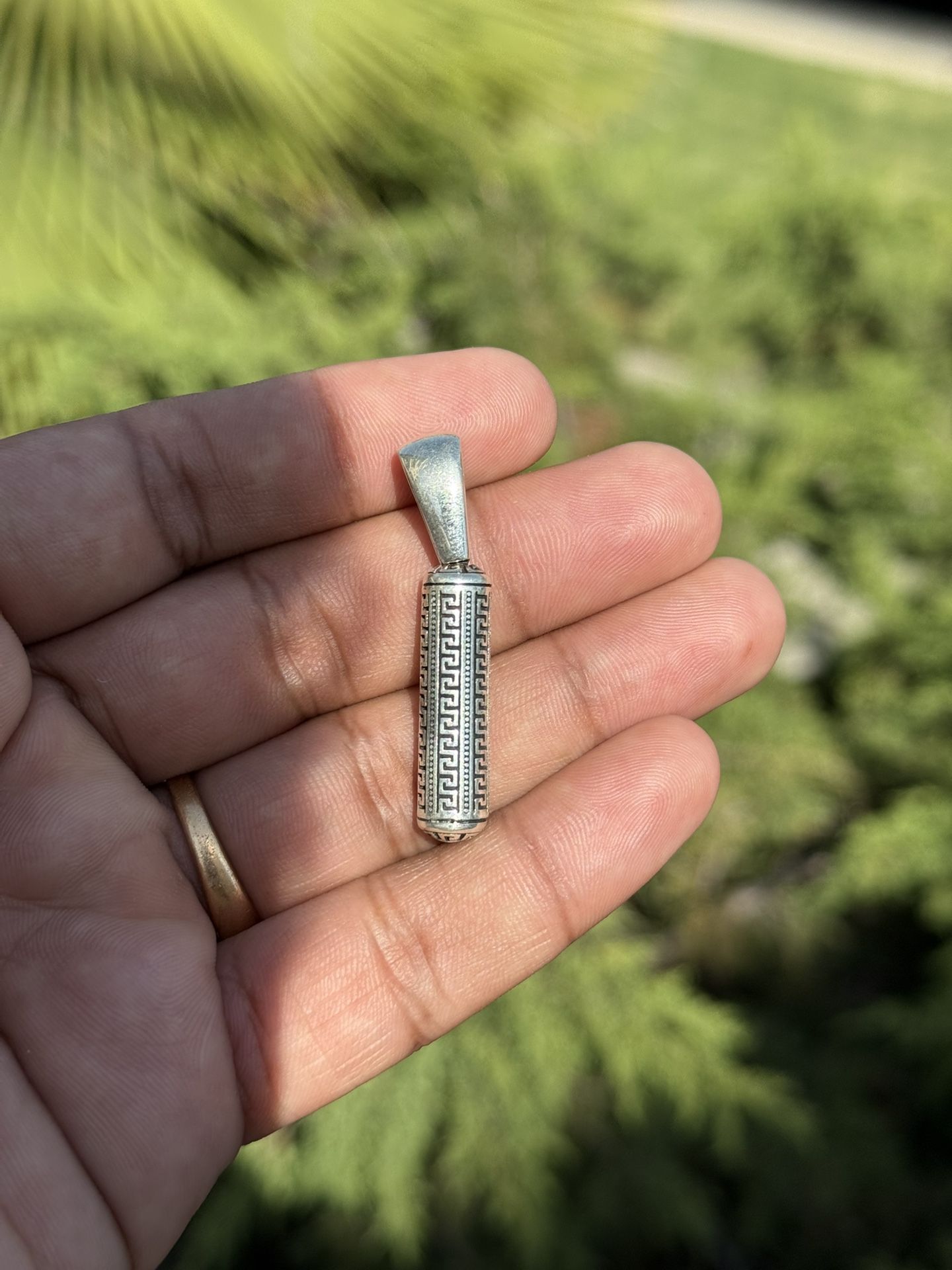 925 Sterling Silver Greek Key Cylinder Pendant – 9g