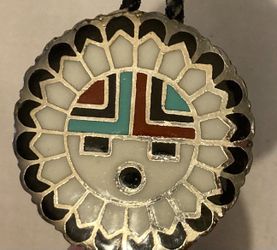 Vintage Metal Bolo Tie, Nice Silver and White Native Style, Blue and Red, Nice Western Design, 2" x 2", Quality, Heavy Duty, Country & Western, Cowboy