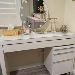 White Vanity Desk Set w/ LED Lighted Mirror + Drawer Unit