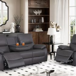 Power Recliner (Set Of 2pc), Genuine Leather, Recliner Chair + 3-Seater Sofa Couch