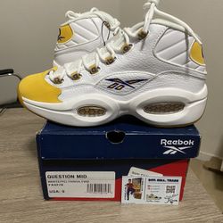 Size 9 - Reebok Question Mid Allen Iverson White Yellow Toe Lakers PE