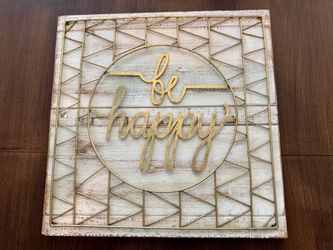 Rustic Farmhouse “Be Happy” Wall Decor (Wood & Gold Metal) – Used