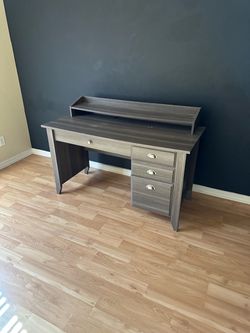 Gray Wood-Grain Desk with Hutch and Drawers