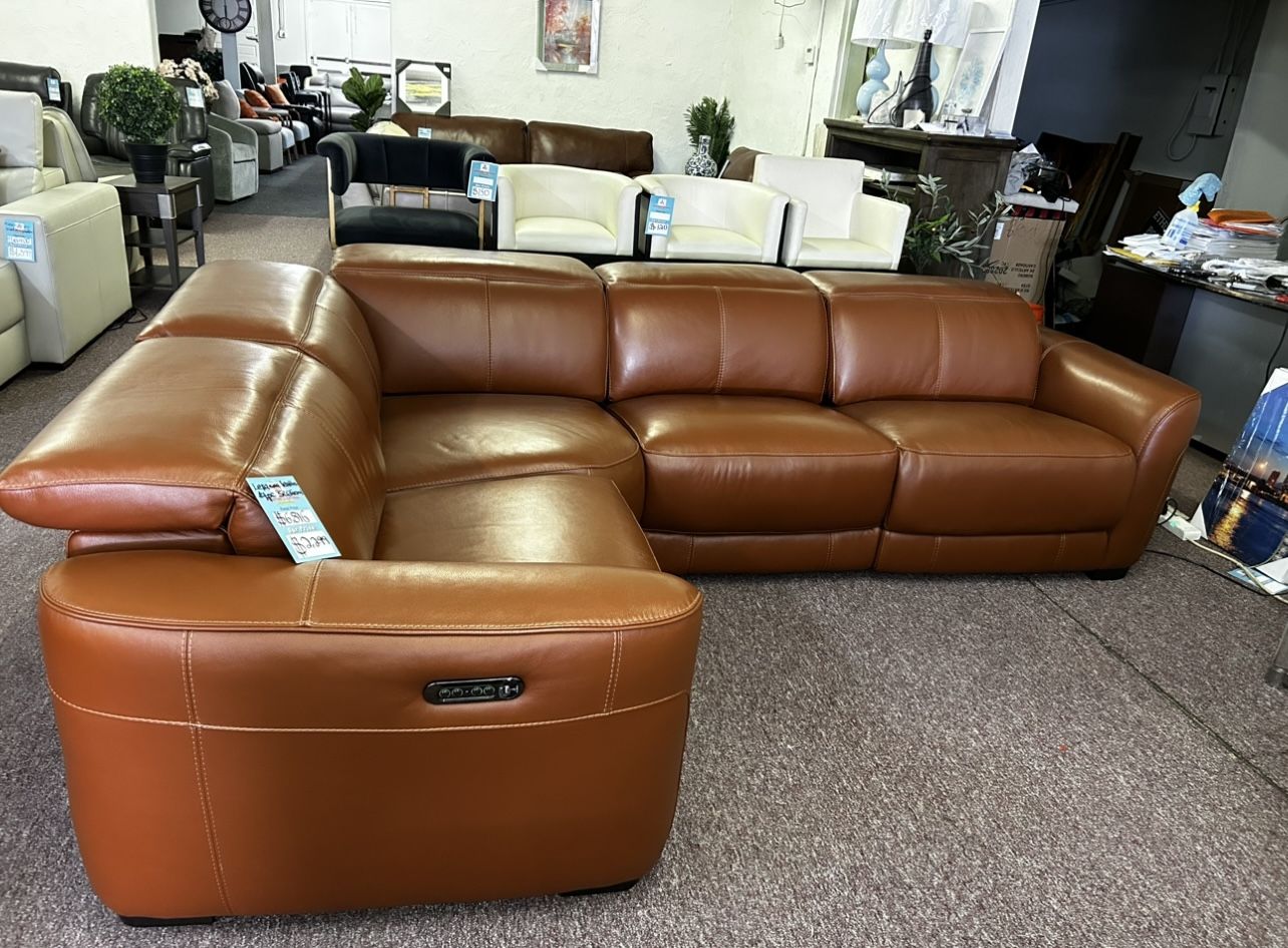 100% Real Leather Sectional With 3 Power Recliners- Lexanna 