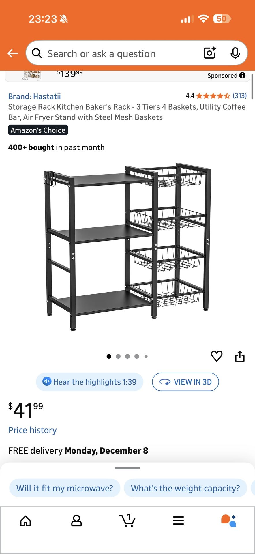 Storage Rack Kitchen Baker's Rack - 3 Tiers 4 Baskets, Utility Coffee Bar, Air Fryer Stand with Steel Mesh Baskets