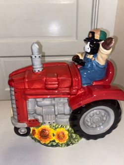 LARGE Farmer Cow on Tractor Sunflower Mercuries COOKIE JAR Ceramic Damaged
