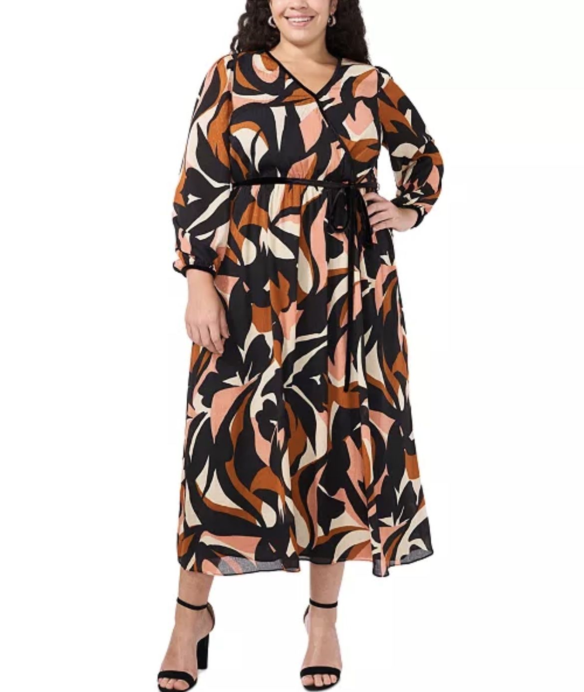 SZ 1x Printed Faux-Wrap Long-Sleeve Maxi Dress W/ Velour Belt MSK