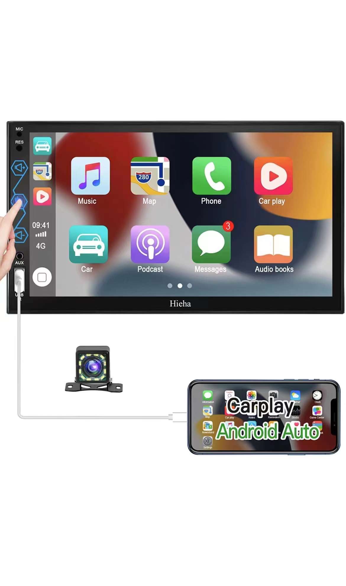 Car Stereo Compatible with Apple Carplay & Android Auto, 7 Inch HD Touchscreen Car Radio with Bluetooth & Backup Camera, Built-in Microphone,AM/FM Rad