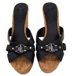 Lauren Ralph Lauren Heidi Cork Heel Sandals - Navy Blue (Women’s Size 8.5B)