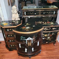 Seven-Piece Vintage Chinoiserie Lacquer Furniture Set with Mother-of-Pearl Inlay