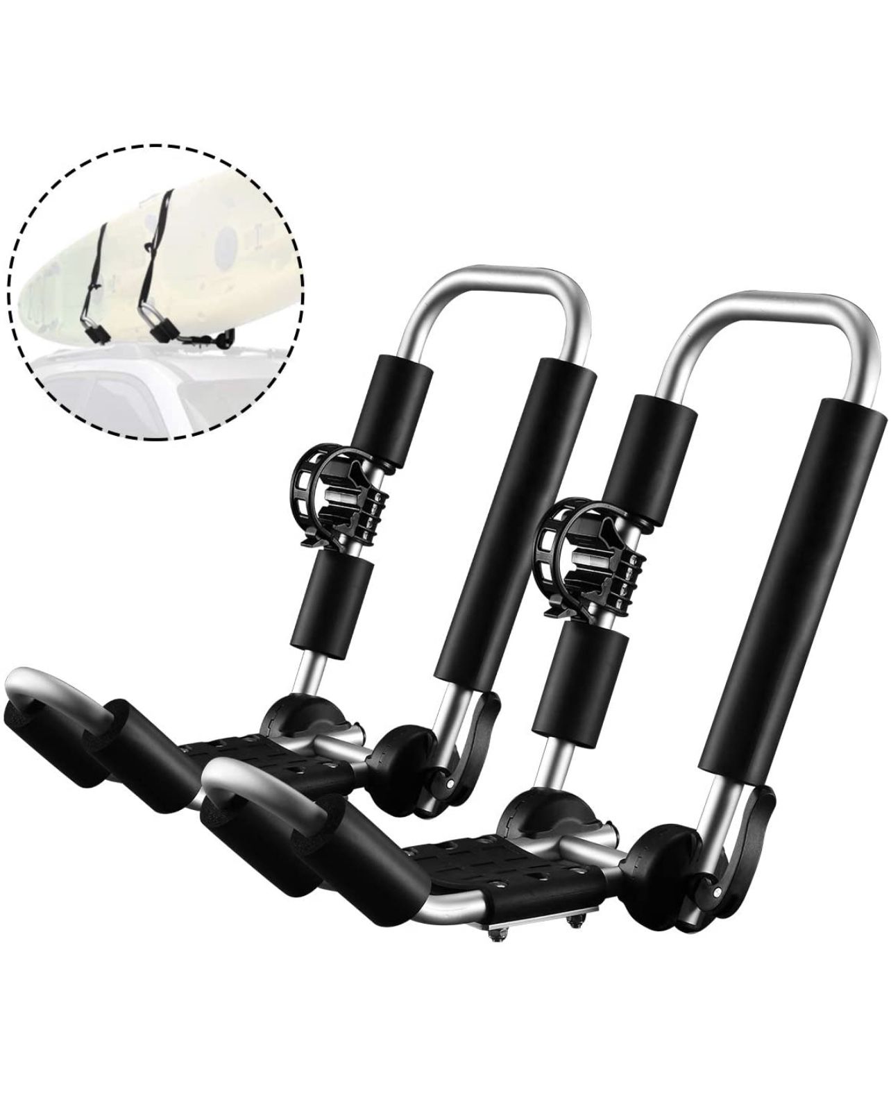Photo 2 Pieces JBar Kayak Roof Rack Unilateral Universal Double Folding Kayak Carrier for Surf Board, SUP, Snowboard, Canoe Top Mount on Car, SUV, Truck Cr