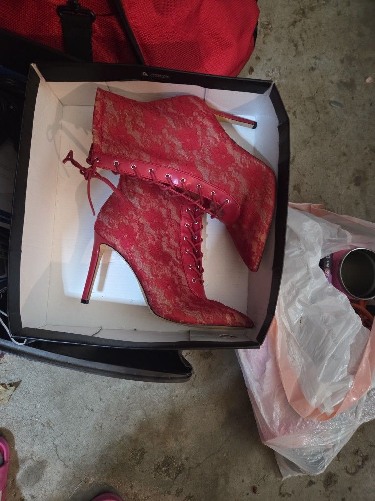 INC Red Lace-Up Stiletto Booties - Floral Mesh Heels Size 8 Medium 