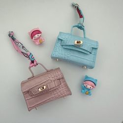 Set of 2 Mini Designer Style Bag Charms with Scarf – Pink & Blue