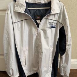  White and navy Seattle souvenir windbreaker jacket with a graphic of the city skyline