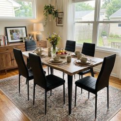 Homy Casa Lancelot 63" Walnut Dining Table Set with 6 Ann Upholstered Chairs, Black