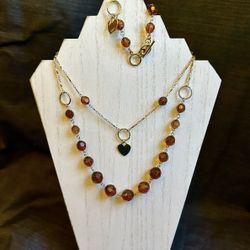 Cookie Lee Gold Heart Link Amber Bead Necklace and Bracelet