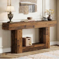 63" Console Table, Farmhouse 2-Tier Entryway Table with U-Shaped Base, Narrow Long Wood Sofa Table Behind Couch Table for Living Room, Hallway, Foyer,