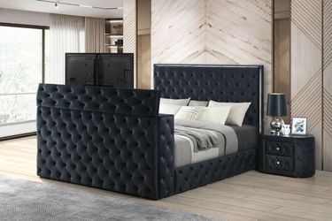 Diane Platform Bed With LED Lights And Fireplace And Adjustable TV Stand Pull-Out, Black Or Gray Velvet Bed LED, Fireplace