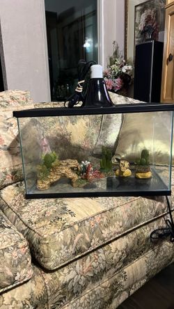 15 Gallon Tank With All Decoration  Light Heat Pad  Hide Outs  And Metal Cover 