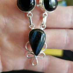 Smaller Sterling Silver Choker Necklace With Onyx And Labradorite Stones