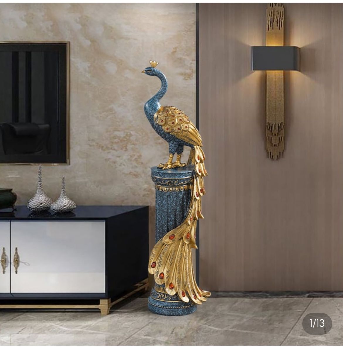 27.6" Large Glam Peacock Floor Sculpture Decor Art Living Room Bedroom In Blue & Gold $50