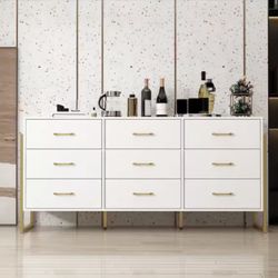 White and Golden 9-Drawers 61.4 in. Width Wooden Dresser without Mirror, Chest of Drawers, Storage Cabinet