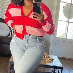 No Boundaries Red and Pink Striped loose Cardigan