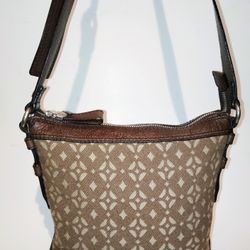 Fossil Women's Crossbody Shoulder Bag Maddox Brown Leather Canvas Geometric Hobo