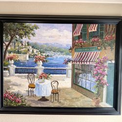 MOVING SALE! Framed Coastal Painting Trattoria Scene. Original artist painting bought at an art show