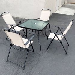 $100 (Brand New) Patio 5pcs dining set with 32x32” table and 4pc folding chairs, outdoor furniture