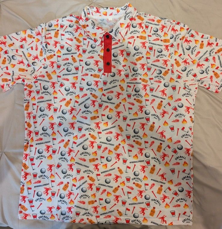 Fireball Cinnamon Whisky Mens L Polo Golf Golfer Shirt Swag Party