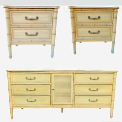 Vintage faux bamboo Hollywood regency Henry link Balihai bedroom set. Two nightstands and one long credenza.