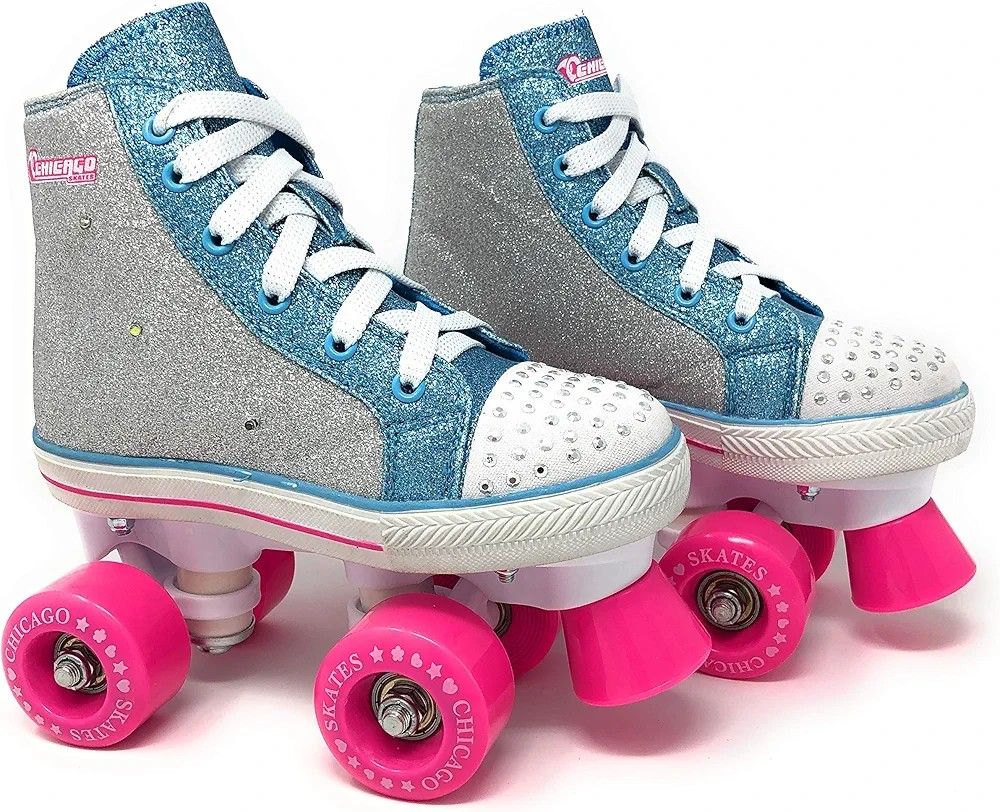 Chicago Skates Girls Fashion Quad Skates with Flashing Lights - Glitter Silver/Teal/Pink - Size J10