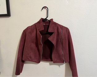 RED CROPPED BIKER JACKET W ZIPPER DETAIL SIZE M