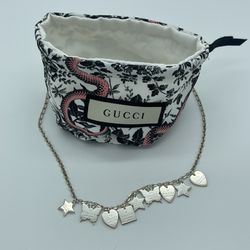 GUCCI AUTHENTIC 925 Silver Necklace Stars Butterfly Hearts Squares 17" EXCELLENT