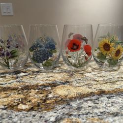 Brand New, No Box Portmeirion Set of 4 Botanic Garden Stemless Wine Glasses
