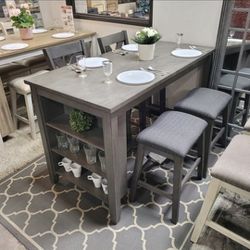 Gray Solid Wood Conter Height Dining Table Set With 2 Chairs And 2 Stools