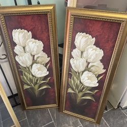 Set of vintage wooden frame tulips flower pictures