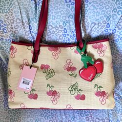 New Red Tan Juicy Couture Cherry Tote Bag Purse Handbag Vintage Style Straw Bag