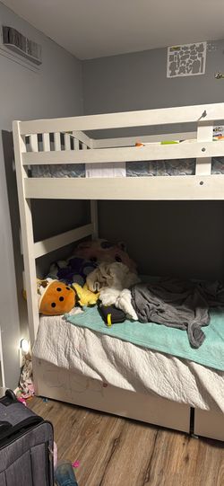 Full White Wood Bunk Bed With Stairs And With Floor Drawers