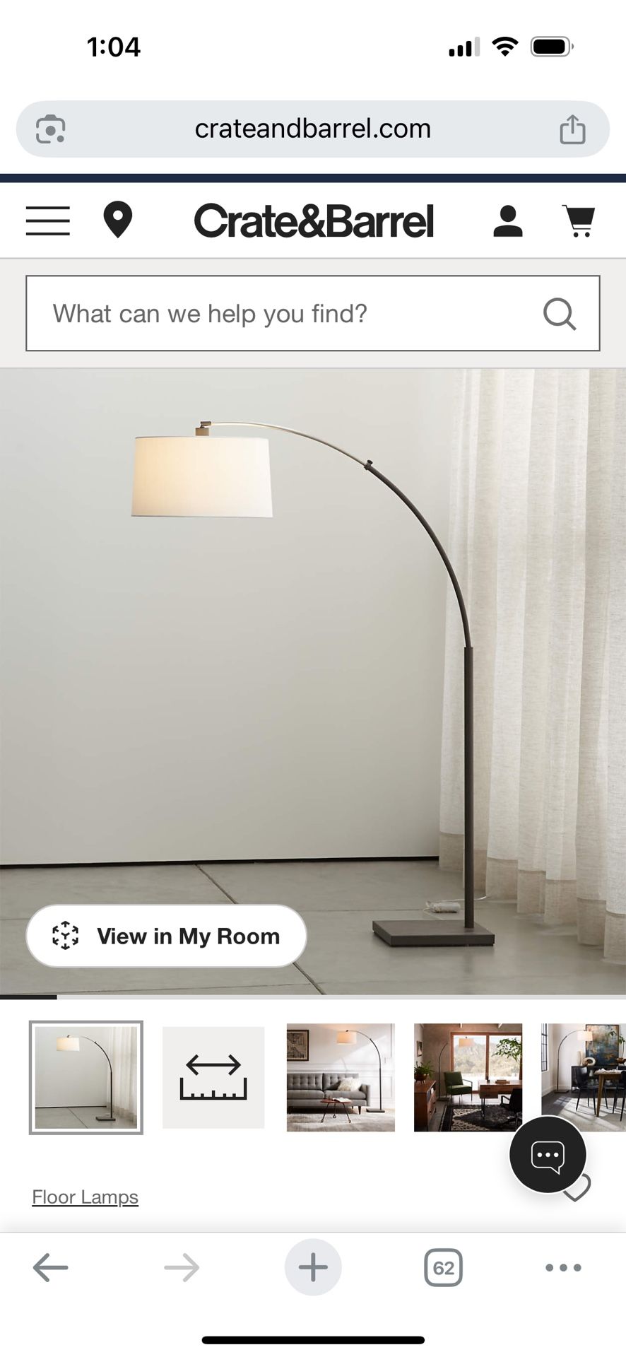 Crate & Barrel Arc Floor Lamp With Grey Shade 74”