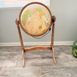 Replogle Midcentury Globe Floor Lamp, Oak and Brass Stand, Soviet Union Map