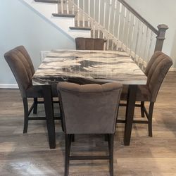 Counter Height Square Dining Table & 4-Barstools In Darkbrown/Beige