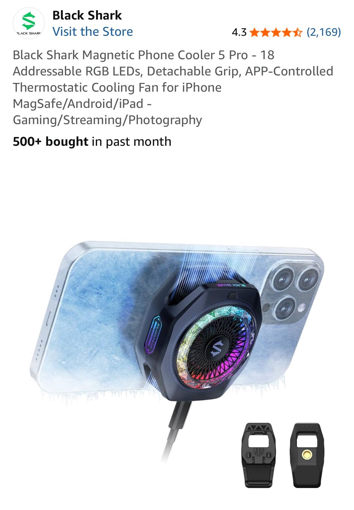 Black Shark Magnetic Phone Cooler 5 Pro - 18 Addressable RGB LEDs, Detachable Grip, APP-Controlled Thermostatic Cooling Fan for iPhone MagSafe/Android