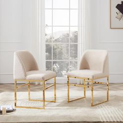 Accent Chairs Set of 2, Upholstered Living Room Side Chairs with Gold Metal Base, Fuzzy Comfy Kitchen Chairs, Beige